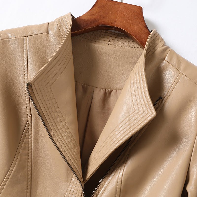 Women's Asymmetric Zip Leather Jacket | Structured V-Collar Slim Fit Lifestyle