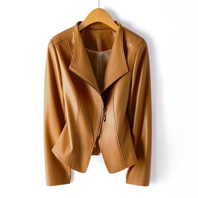 Women's Asymmetric Zip Leather Jacket | Structured V-Collar Slim Fit Side