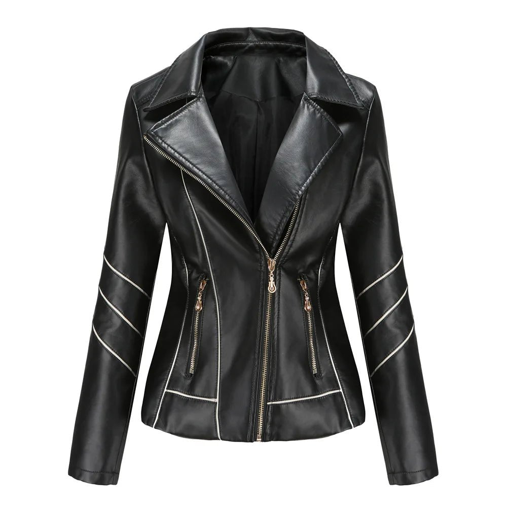 Women's Asymmetric Zip Vegan Leather Jacket | Notched Lapel Back
