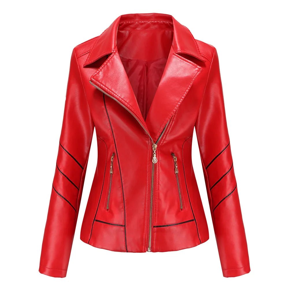 Women's Asymmetric Zip Vegan Leather Jacket | Notched Lapel Front