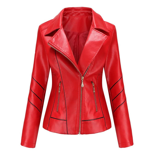 Women's Asymmetric Zip Vegan Leather Jacket | Notched Lapel Front