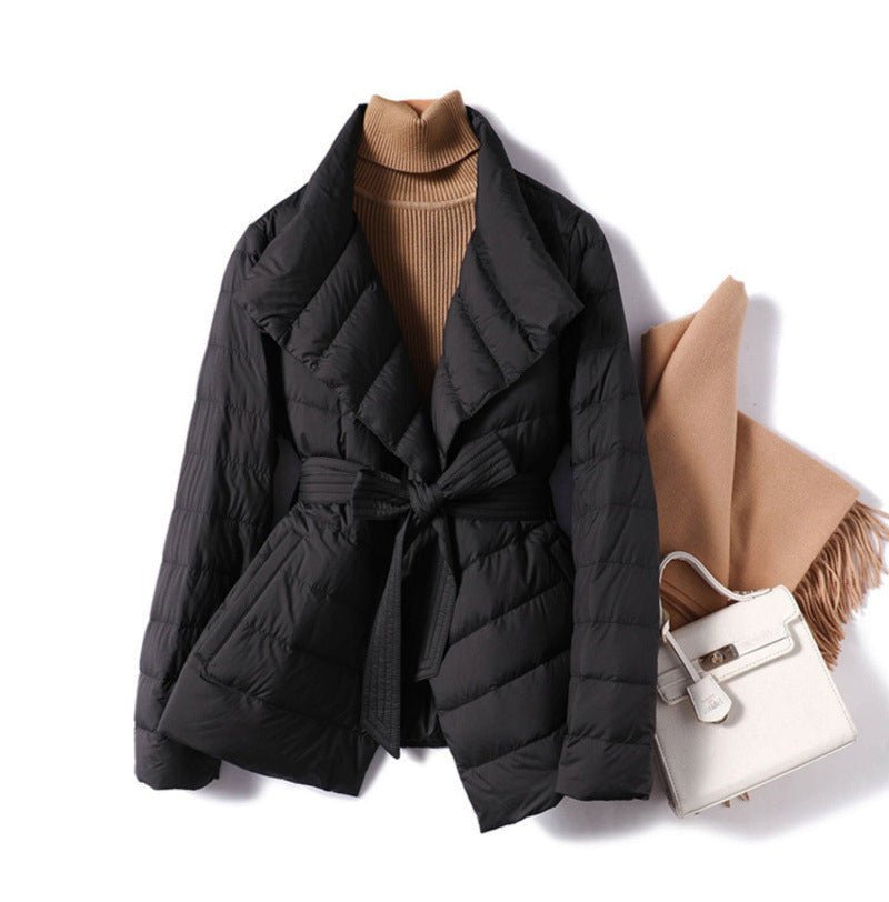 Women's Belted Quilted Down Jacket | Wrap Waist Puffer Front