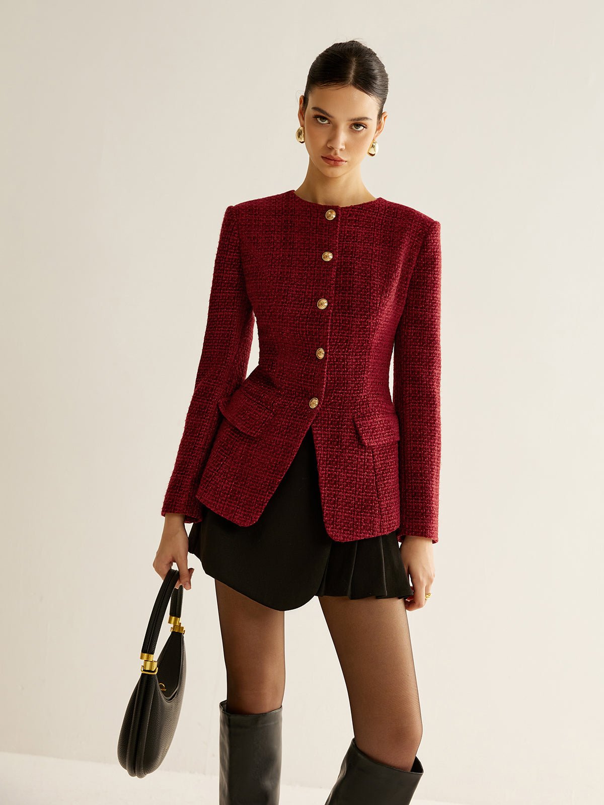 Women's Button Down Tweed Blazer | Asymmetric Hem Slit Hero