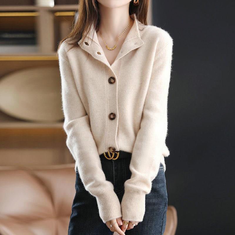 Women's Button-Front Cardigan Sweater | High Neck Ribbed Detail