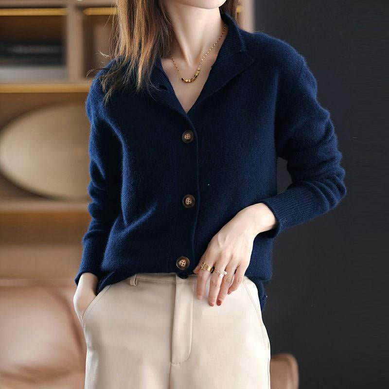 Women's Button-Front Cardigan Sweater | High Neck Ribbed Side