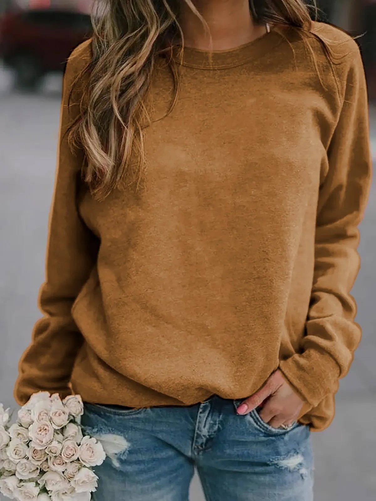 Women's Classic Crewneck Sweatshirt | Raglan Sleeve Comfort Fit Close Up