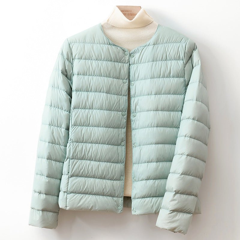 Women's Collarless Down Puffer Jacket | Snap-Button Slim Fit Back