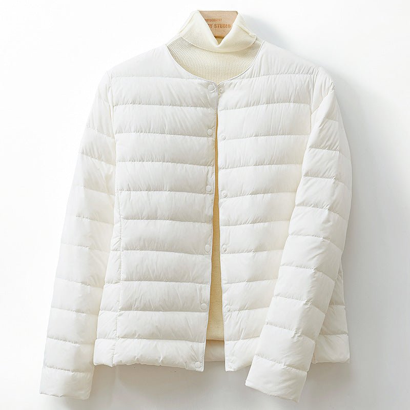 Women's Collarless Down Puffer Jacket | Snap-Button Slim Fit Full