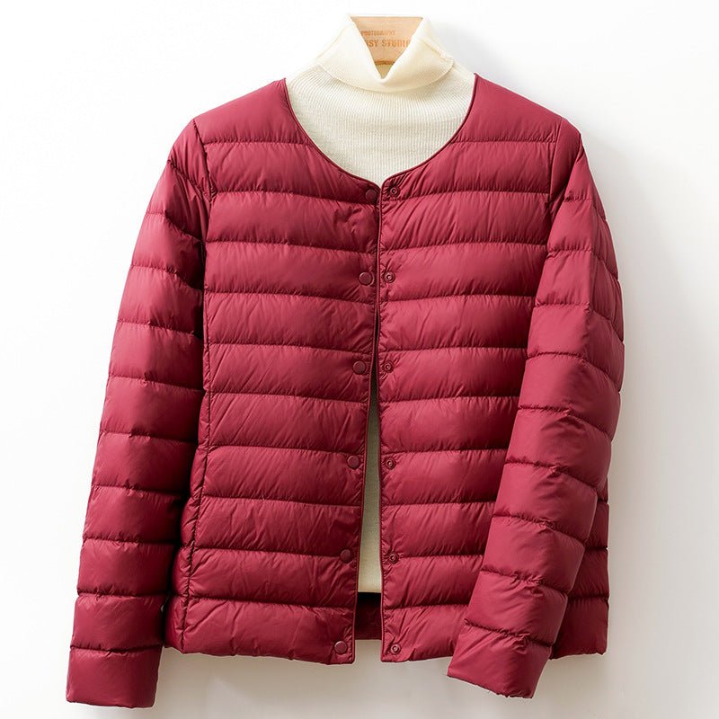 Women's Collarless Down Puffer Jacket | Snap-Button Slim Fit Lifestyle