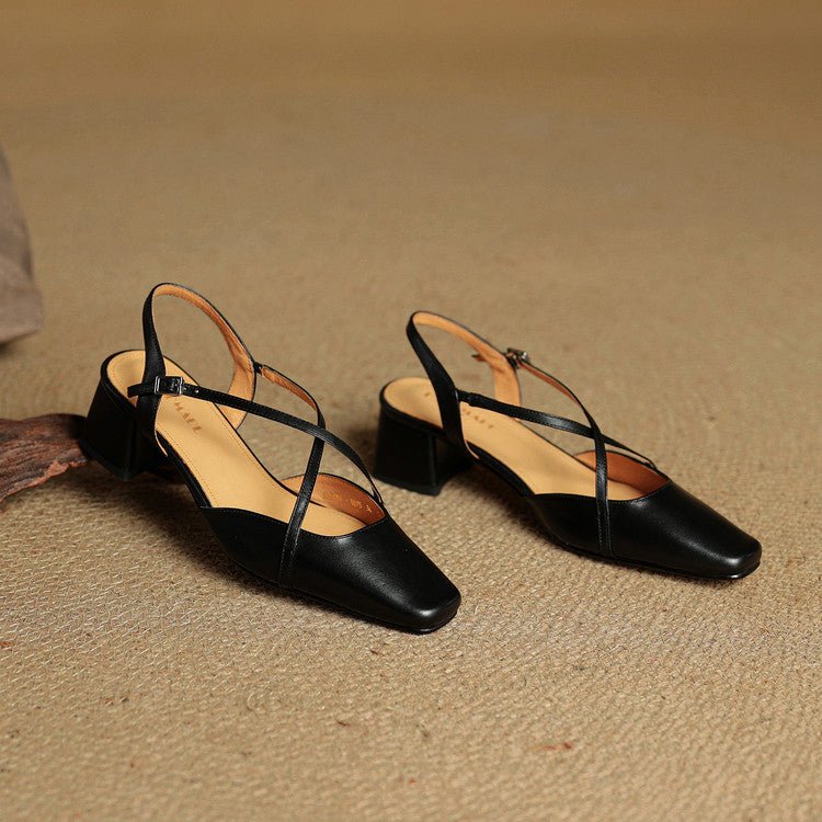 Women's Cross Strap Leather Block Heels | Closed Toe Alternate