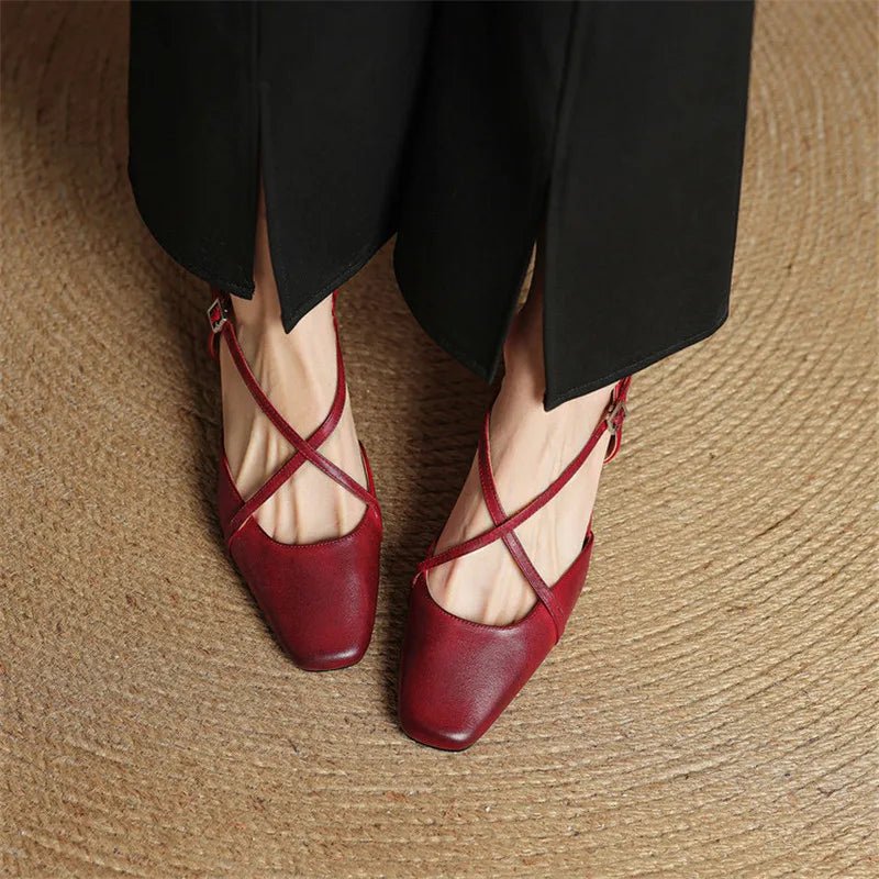 Women's Cross Strap Leather Block Heels | Closed Toe Front