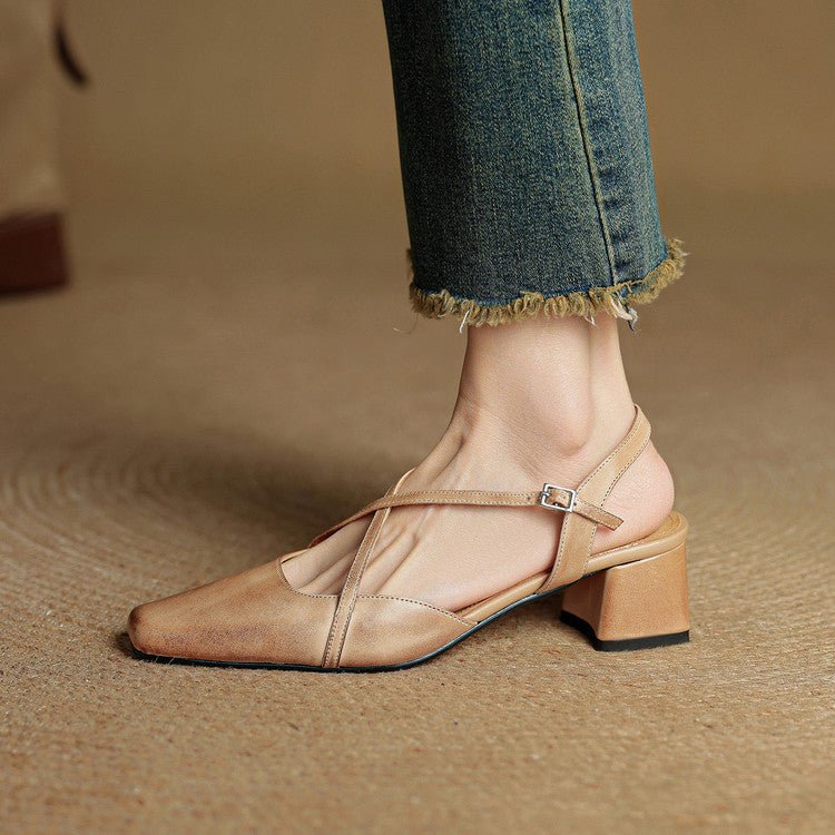 Women's Cross Strap Leather Block Heels | Closed Toe View 12