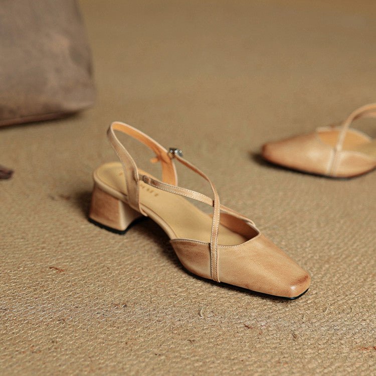 Women's Cross Strap Leather Block Heels | Closed Toe View 15