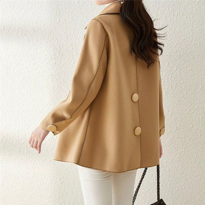 Women's Double-Breasted Woolen Coat | Structured Lapel Detail