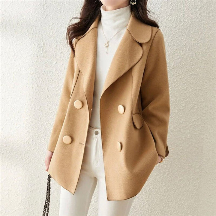 Women's Double-Breasted Woolen Coat | Structured Lapel Side