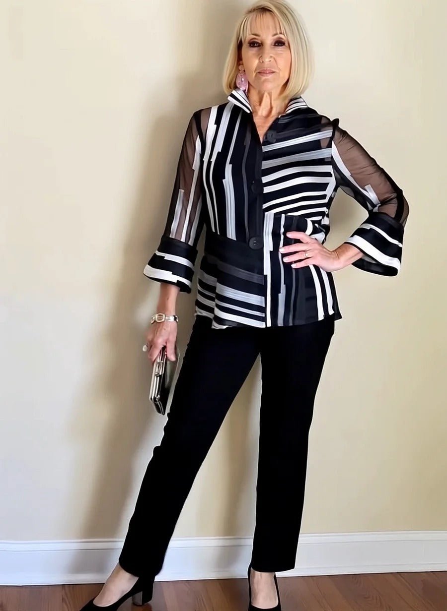 Women's Effortless Stripe Two-Piece Set | Bell Sleeve Blouse Close Up