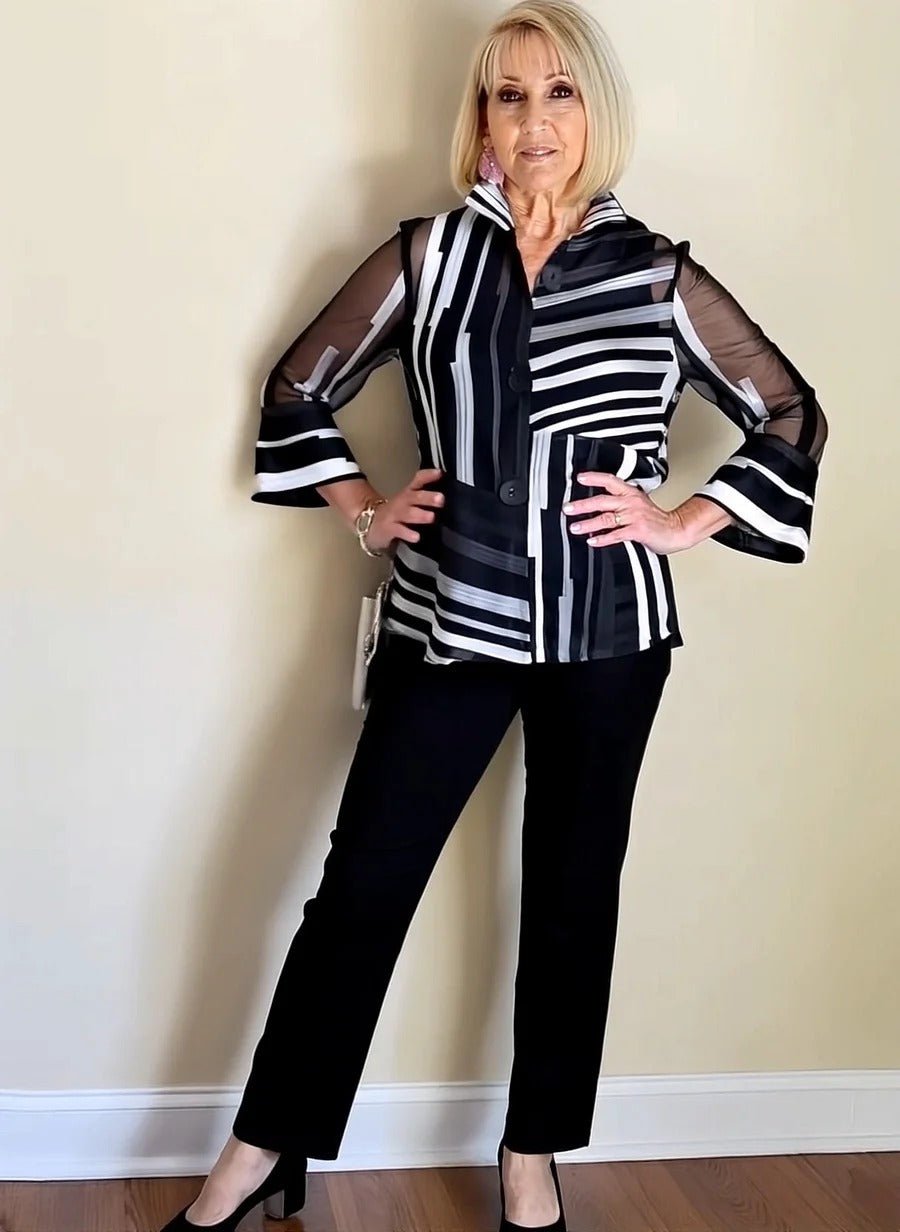 Women's Effortless Stripe Two-Piece Set | Bell Sleeve Blouse Detail