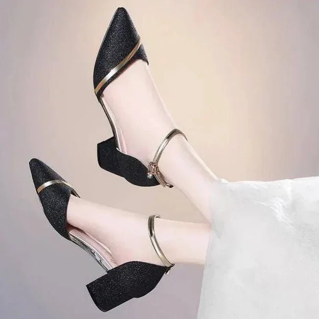 Women's Elegant Block Heel Sandals | Glitter Ankle Strap Detail
