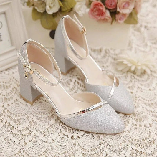 Women's Elegant Block Heel Sandals | Glitter Ankle Strap Front
