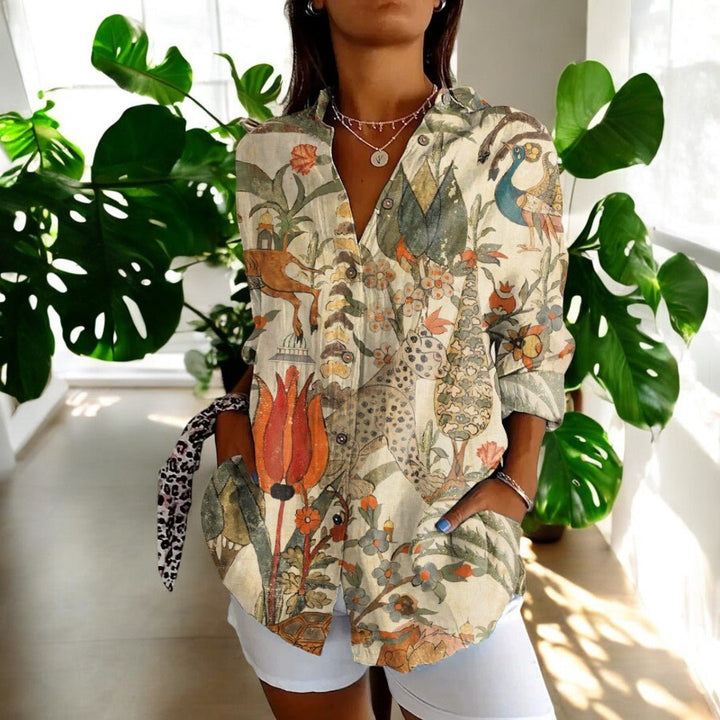 Women's Elegant Vintage Blouse | Hibiscus Print Short Sleeve Detail
