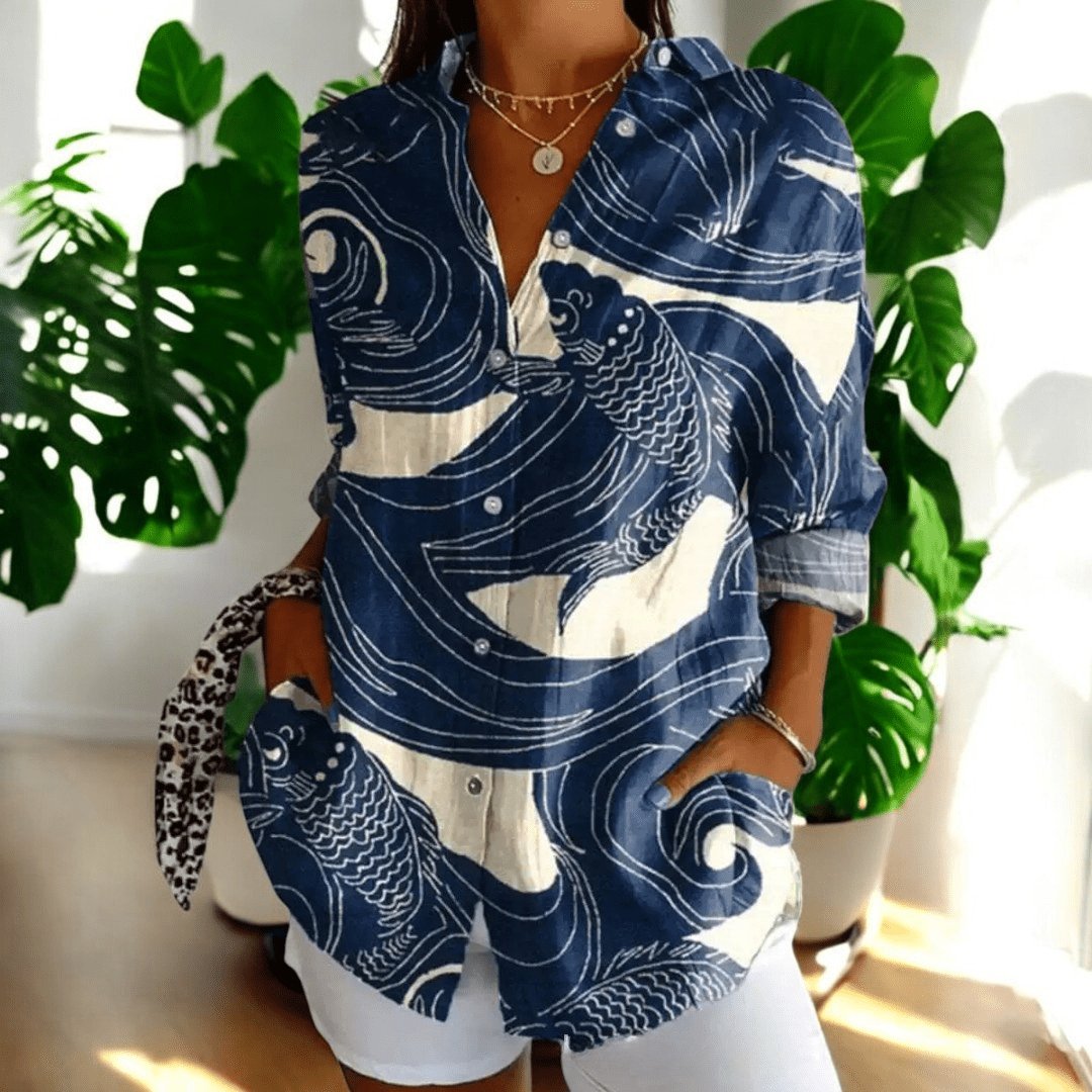 Women's Elegant Vintage Blouse | Hibiscus Print Short Sleeve Front