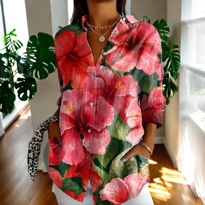 Women's Elegant Vintage Blouse | Hibiscus Print Short Sleeve Hero