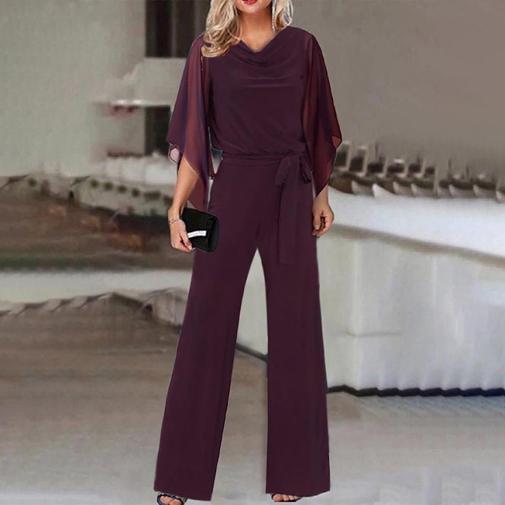 Women's Elegant Wide-Leg Jumpsuit | Cape Draped Sleeves Detail