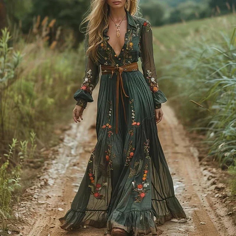 Women's Floral Embroidered Fit Maxi Dress | Tiered Hero