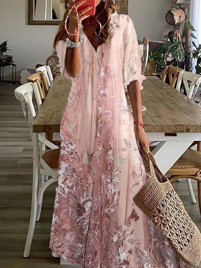 Women's Floral V-Neck Casual Maxi Dress | Half Sleeve Front