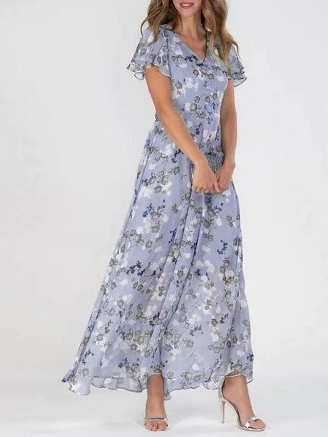 Women's Flutter Sleeve Floral Wedding Guest Summer Maxi Dress Back