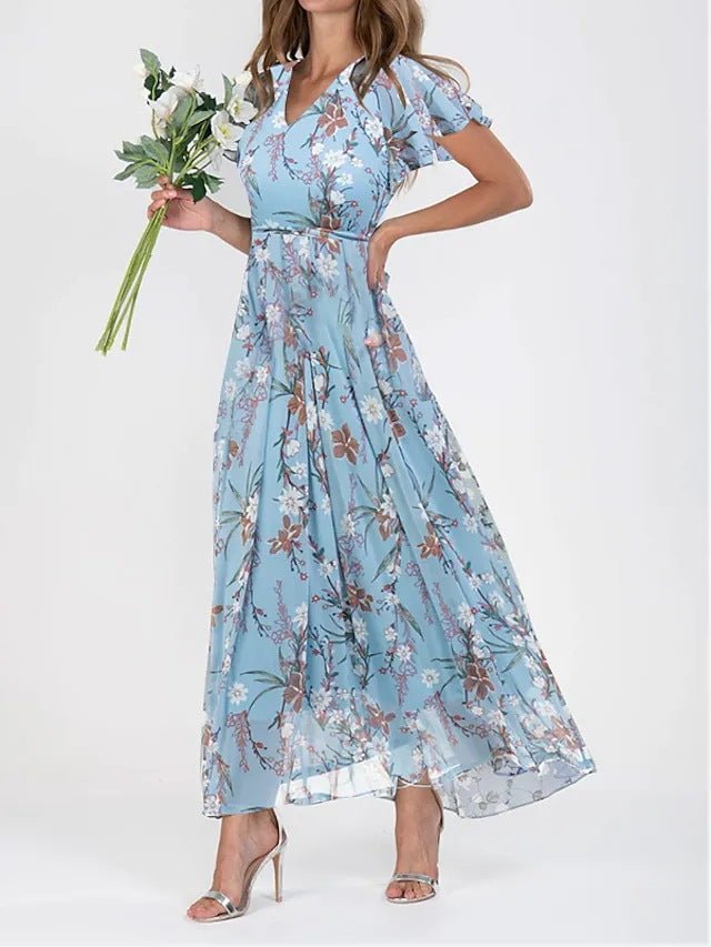 Women's Flutter Sleeve Floral Wedding Guest Summer Maxi Dress Close Up