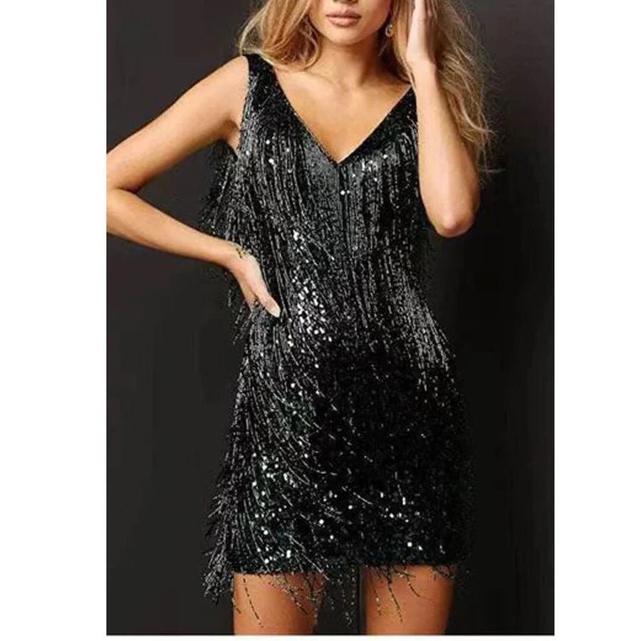 Women's Fringe Cocktail Dress | Silver Tassels Angle