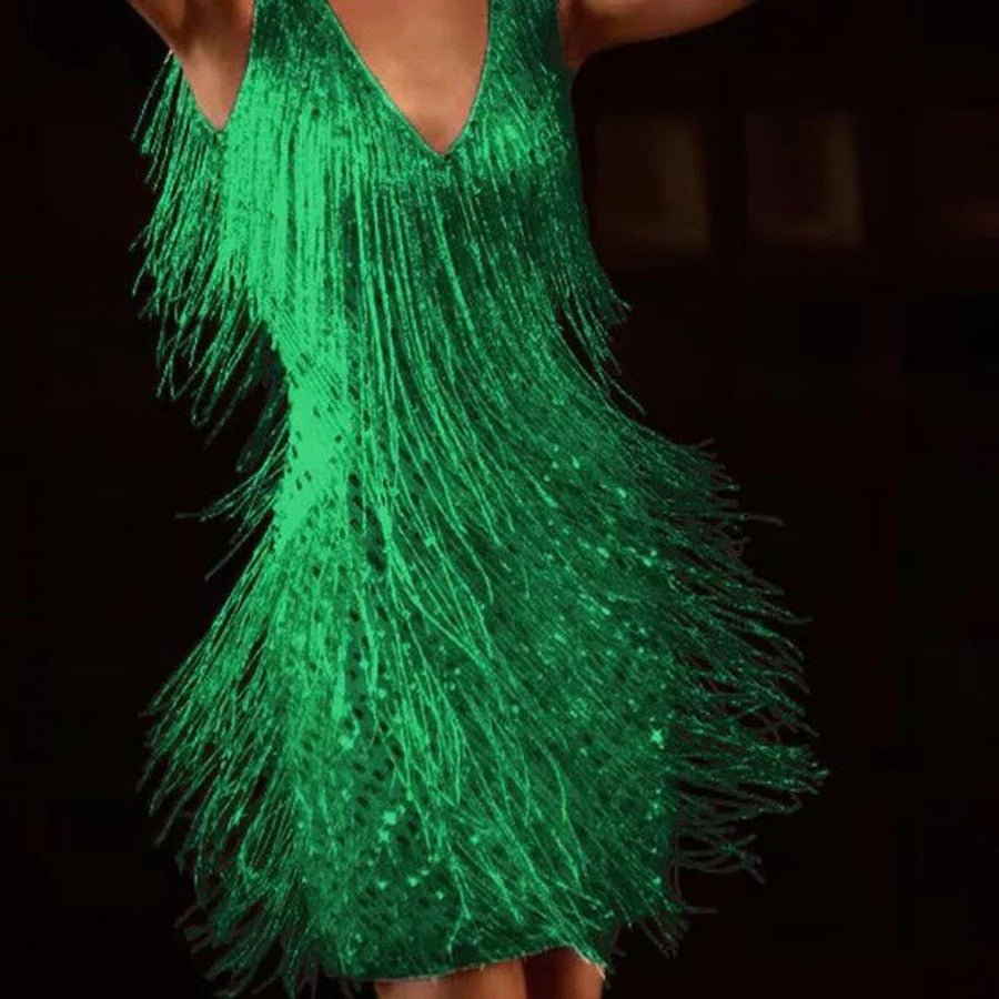 Women's Fringe Cocktail Dress | Silver Tassels Back
