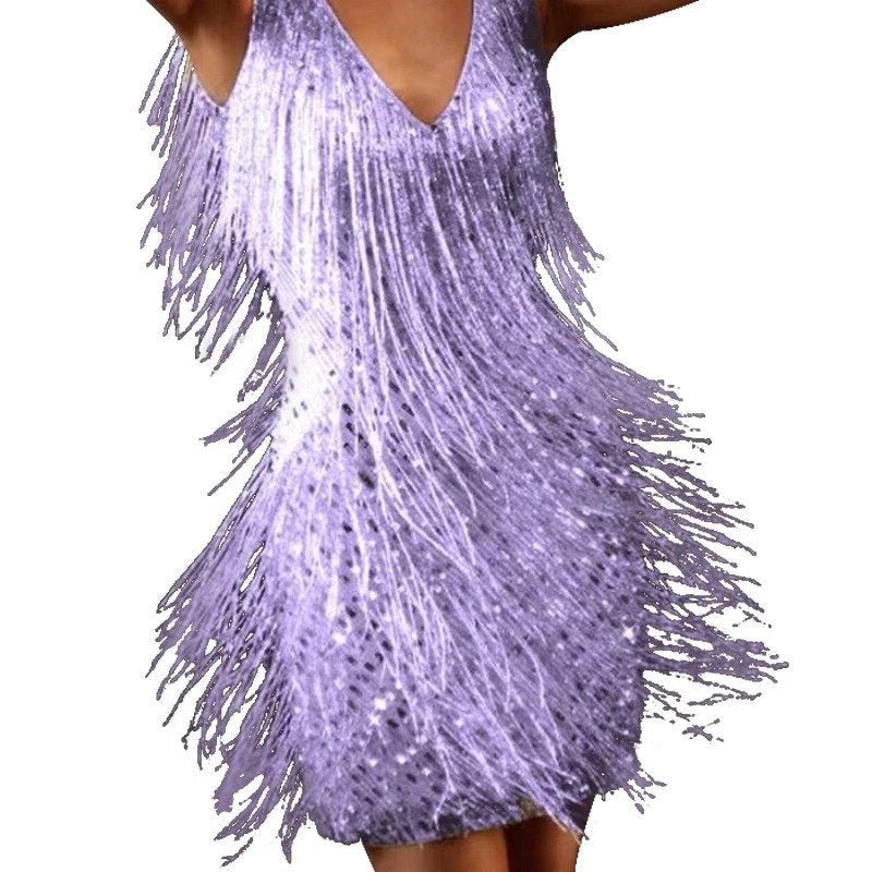 Women's Fringe Cocktail Dress | Silver Tassels Side