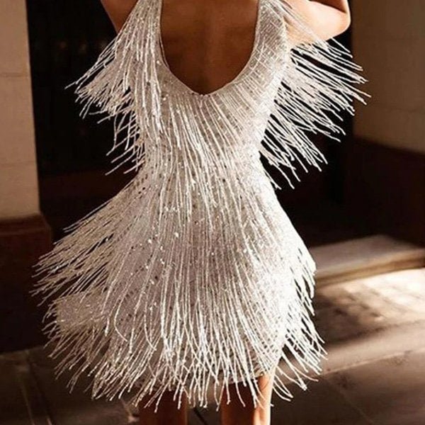 Women's Fringe Detail Party Mini Dress | V Neck Night Out Side