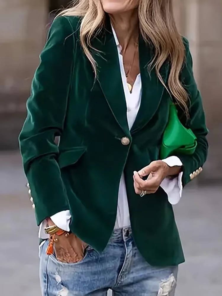 Women's Gold Button Cuff Velvet Blazer | Fitted Front