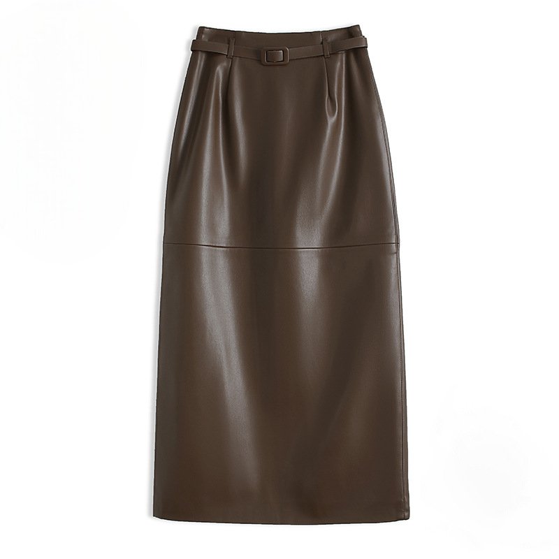 Women's Leather Pencil Skirt | Front Slit Belted Fit Detail