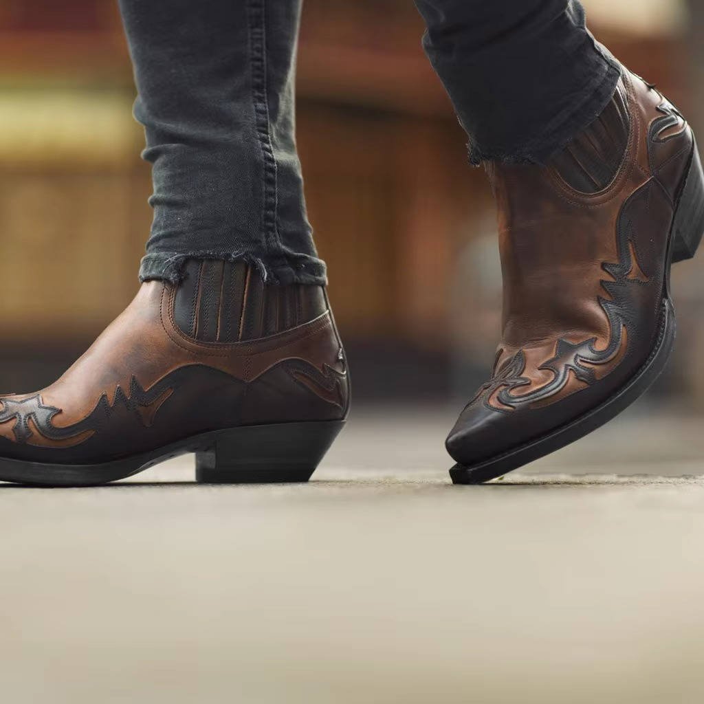 Women's Leather Western Ankle Boots | Ornate Stitching Full