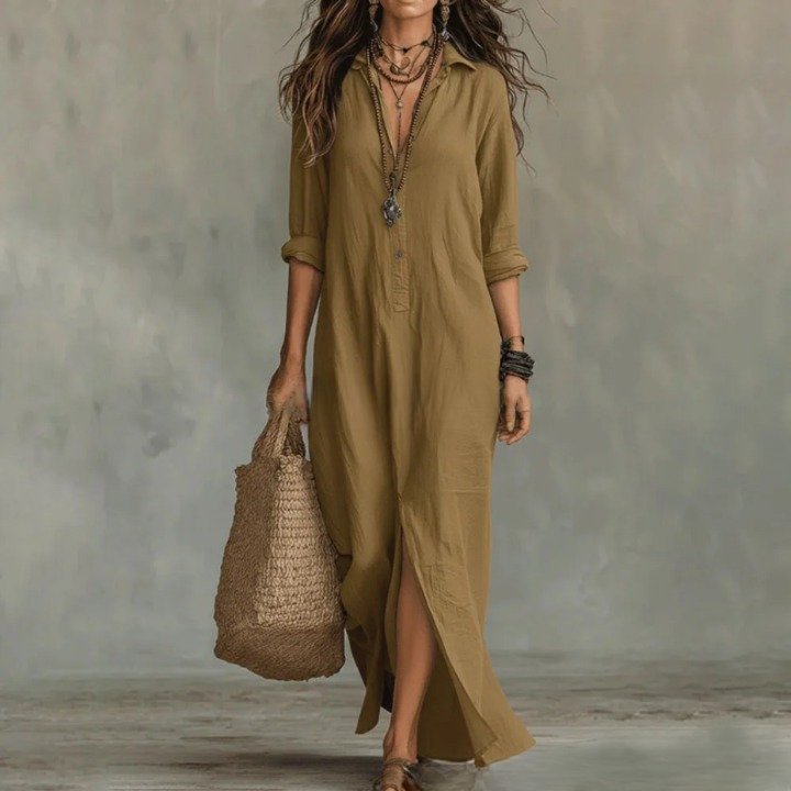 Women's Linen Long Shirt Dress | V-Neck Maxi Back
