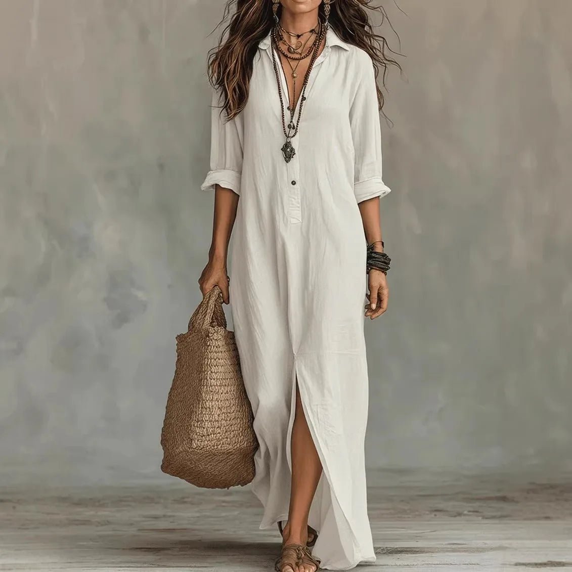 Women's Linen Long Shirt Dress | V-Neck Maxi Hero