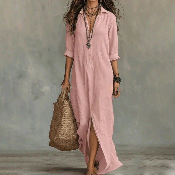 Women's Linen Long Shirt Dress | V-Neck Maxi Side