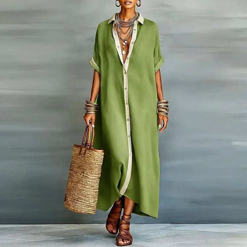 Women's Linen Long Shirt Sundress | Button-Front Maxi Close Up