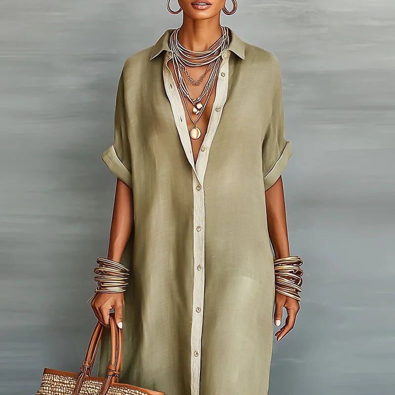 Women's Linen Long Shirt Sundress | Button-Front Maxi Detail