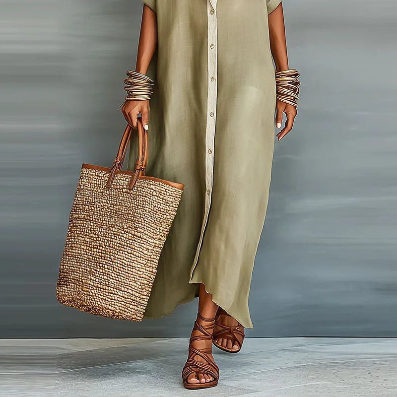 Women's Linen Long Shirt Sundress | Button-Front Maxi Side