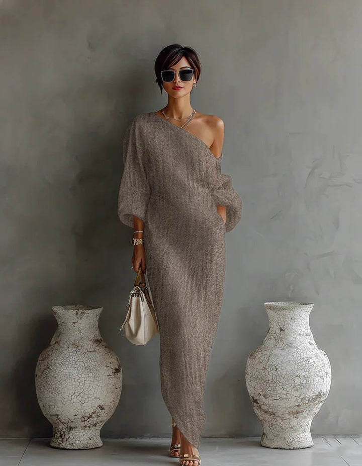 Women's Linen One Shoulder Dress | Asymmetric Hem Close Up