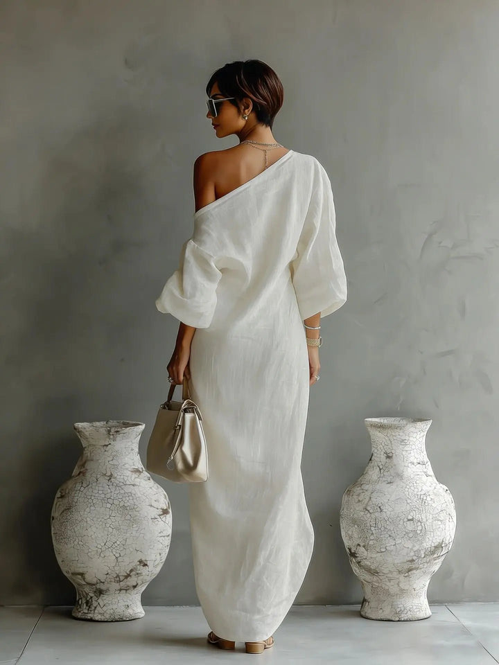 Women's Linen One Shoulder Dress | Asymmetric Hem Detail