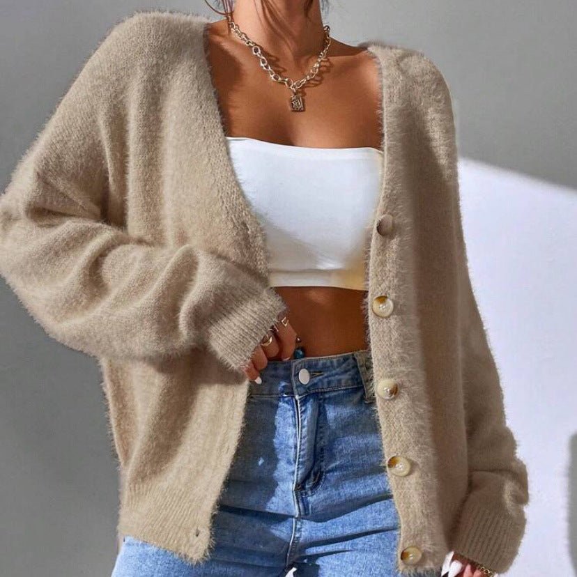 Women's Mink Cardigan Sweater | Drop Shoulder V-Neck Hero