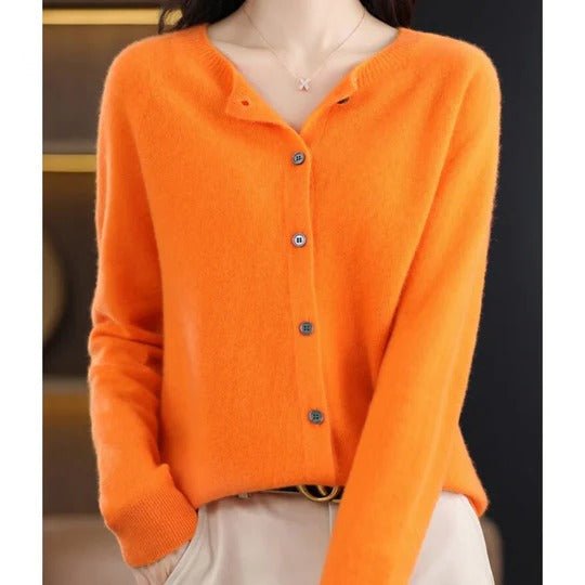 Women's Notch Collar Round Neck Cardigan Sweater | Button Front Angle