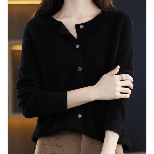 Women's Notch Collar Round Neck Cardigan Sweater | Button Front Close Up
