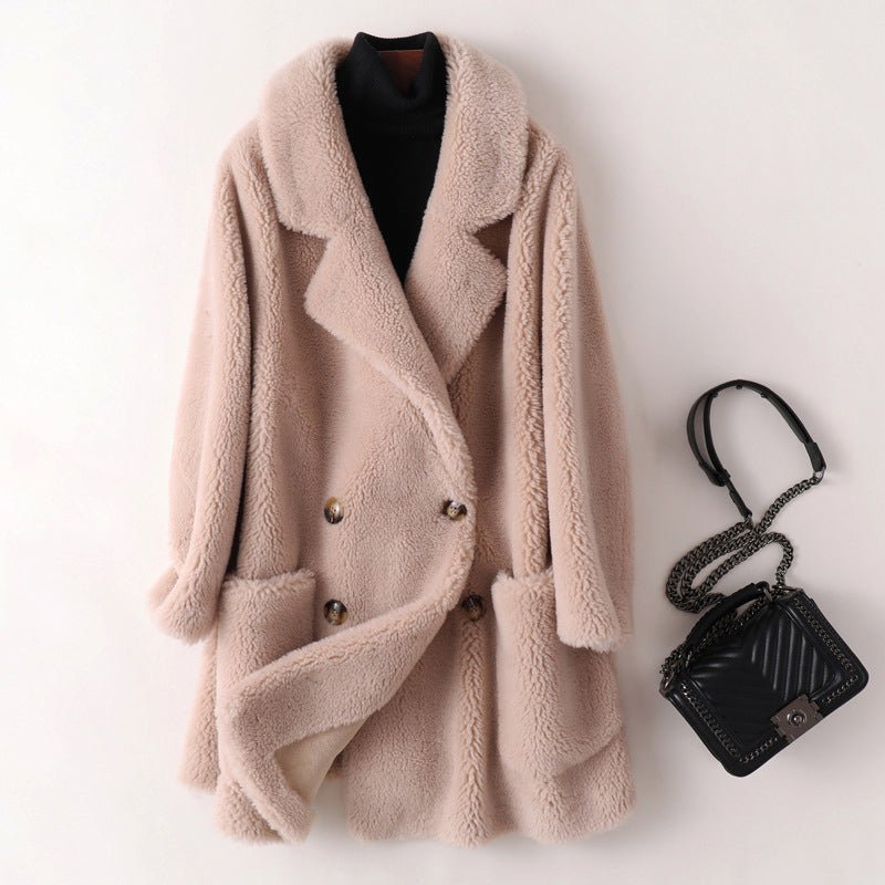 Women's Oversized Shearling Coat | Double-Breasted Lapel Detail